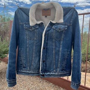 Denim Jacket Men's Large Lucky Brand Sherpa Lined Blue Trucker Jacket Western